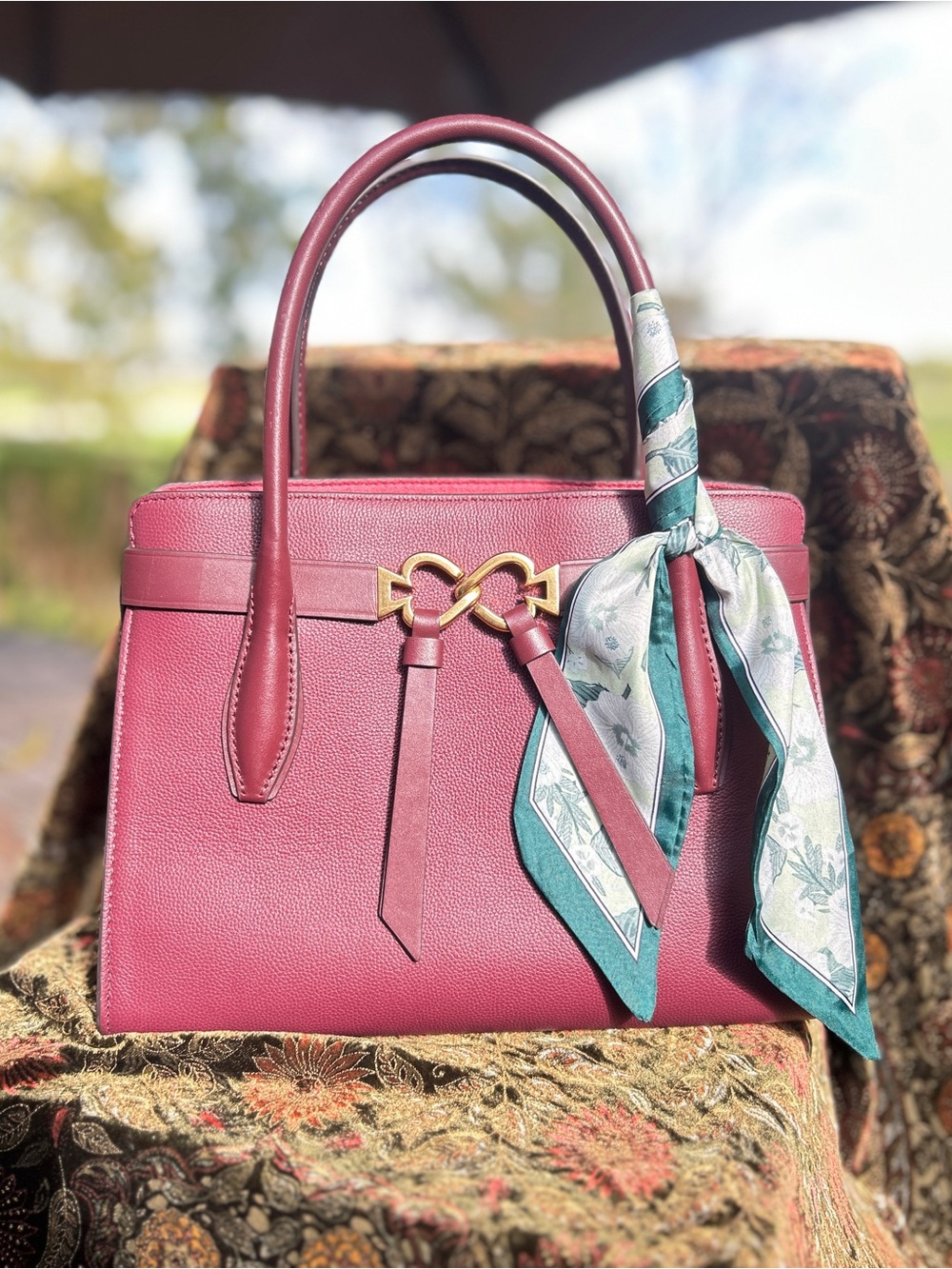 Kate Spade Burgundy Pebbled Leather Bow Tote Satchel Bag